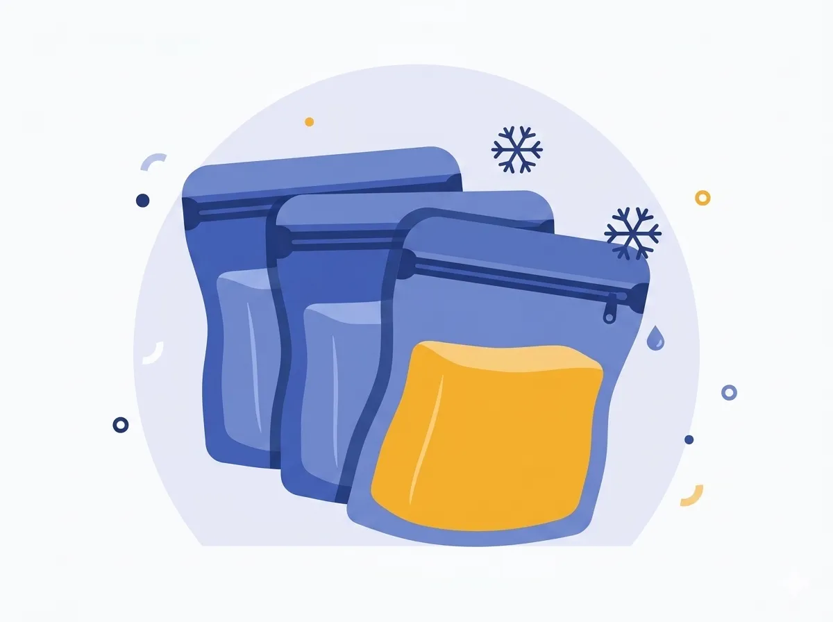 Three frozen breast milk storage bags, one filled with golden milk, surrounded by snowflakes in a flat vector illustration