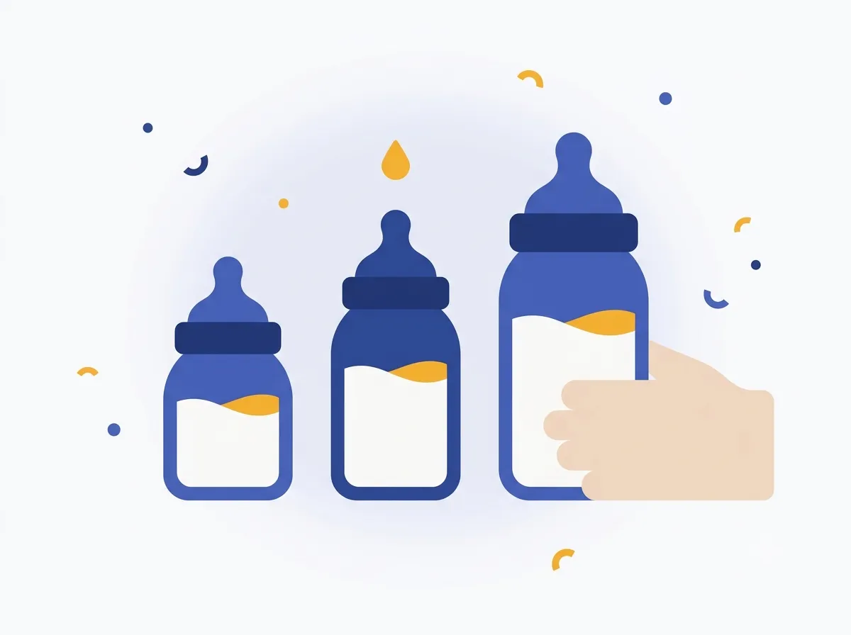 Three baby bottles in increasing sizes, each filled with milk to the same level, a hand cradling the largest, in a flat vector illustration