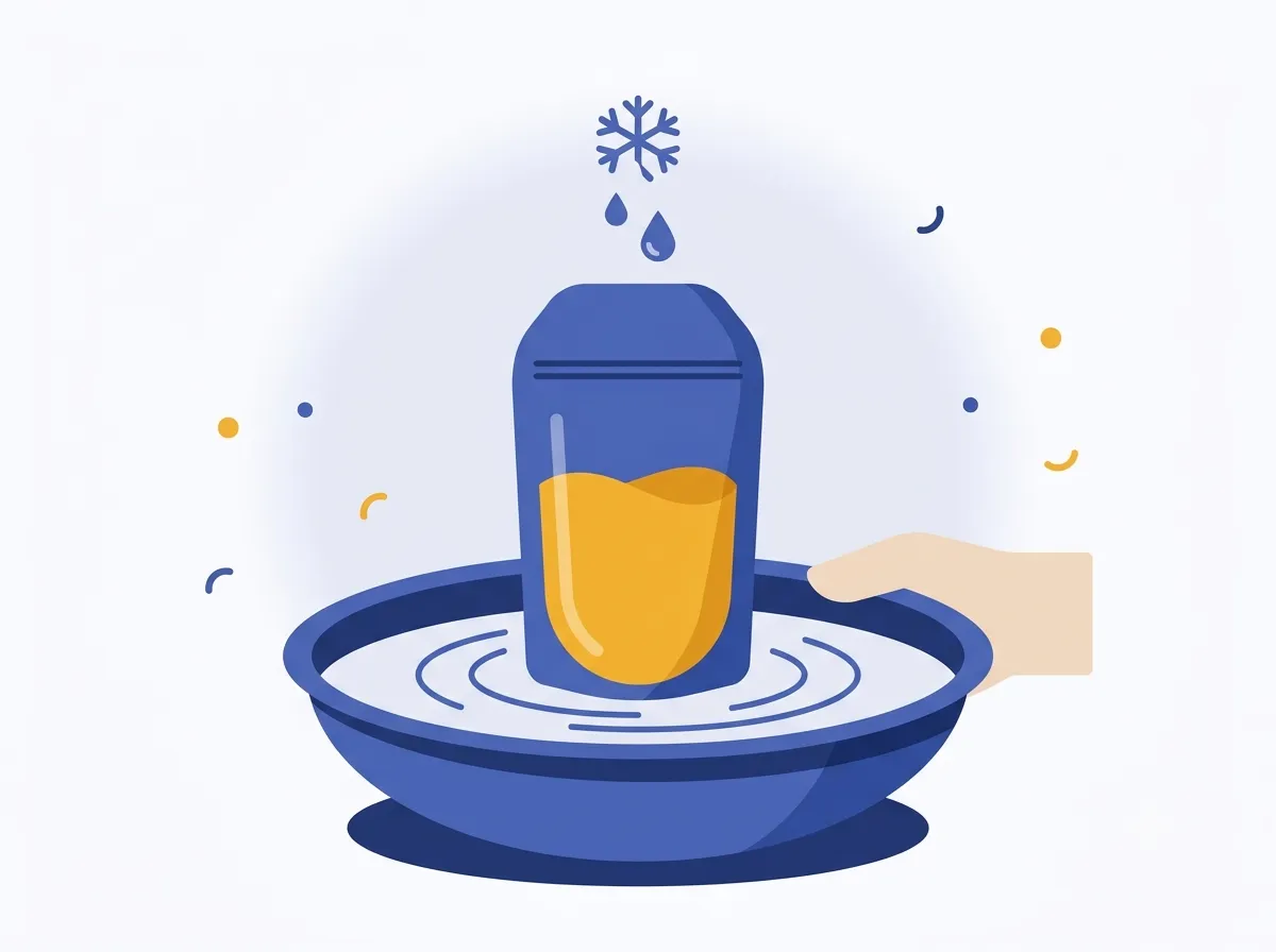 A frozen breast milk bag thawing in a bowl of warm water beside a filled bottle, in a flat vector illustration